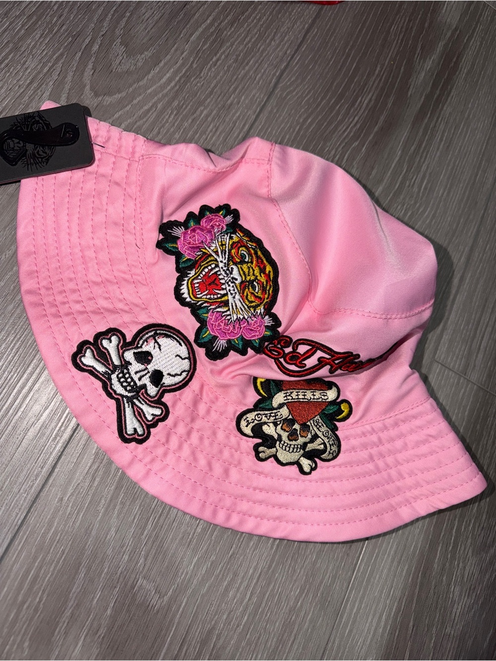 Ed Hardy Pink Bucket Hat with Embroidered Skull & Tiger Patches